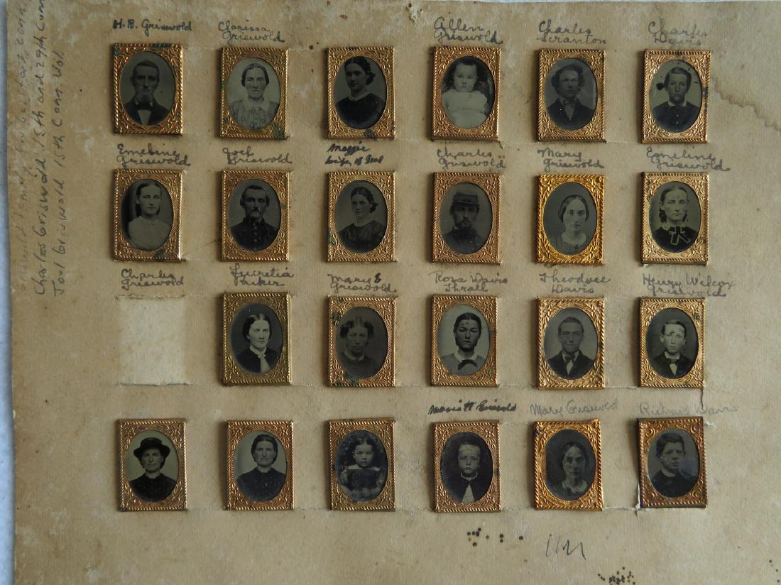 Grouping of 23 gem tintype photos related to the: Grouping of 23 gem tintype photos related to the descendants of Connecticut Gov. Matthew Griswold. Includes 3 soldiers (2 in uniform) from the 15th CT one of whom was promoted to command colored troop