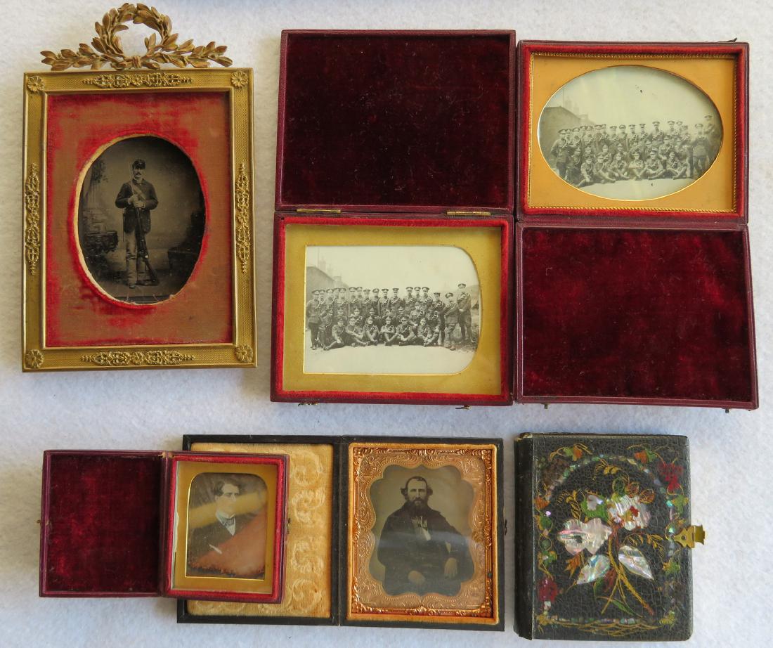 Grouping of 6 images including a quarter plate tintype: Grouping of 6 images including a quarter plate tintype of a post Civil War soldier holding rifle with bayonet mounted in a bronze wall frame - the velvet surrounding the image is worn but the bronze i