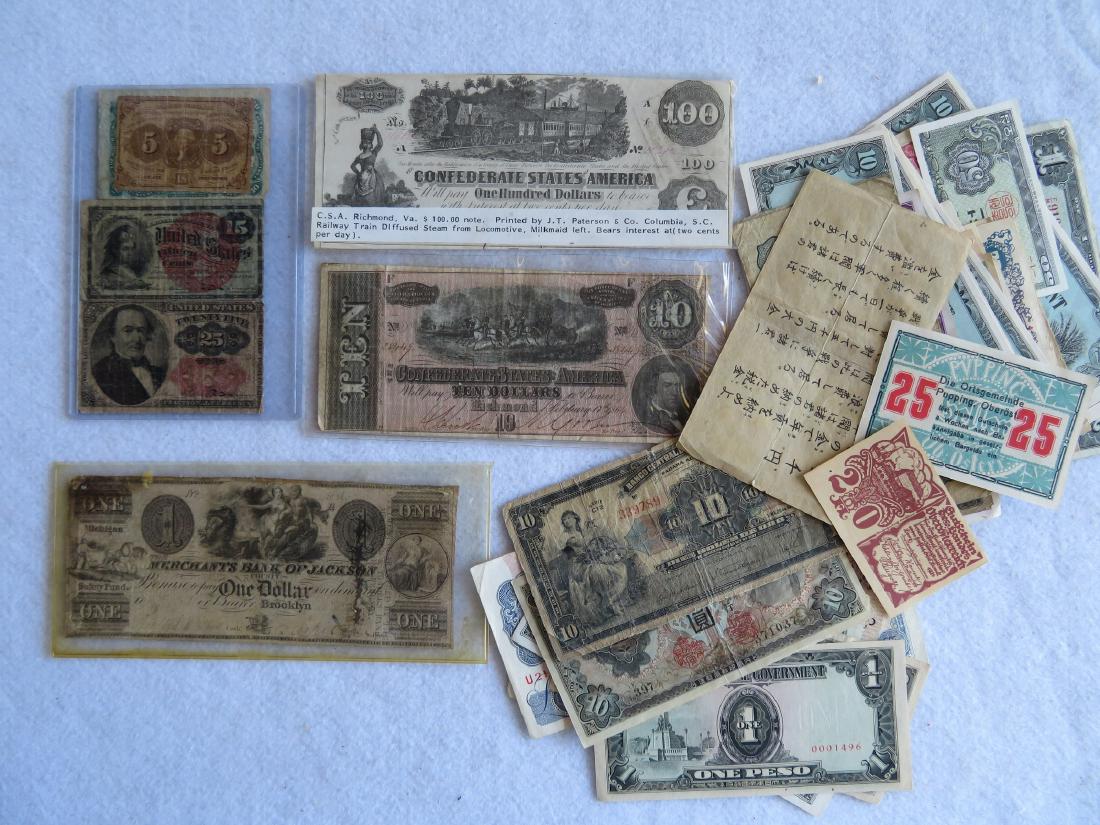 Grouping of old currency including fractional,: Grouping of old currency including fractional, Confederate, and foreign. Includes 3 original Civil War Confederate notes, 4 US fractional notes, Japanese occupied territory currency, and Merchants Ban
