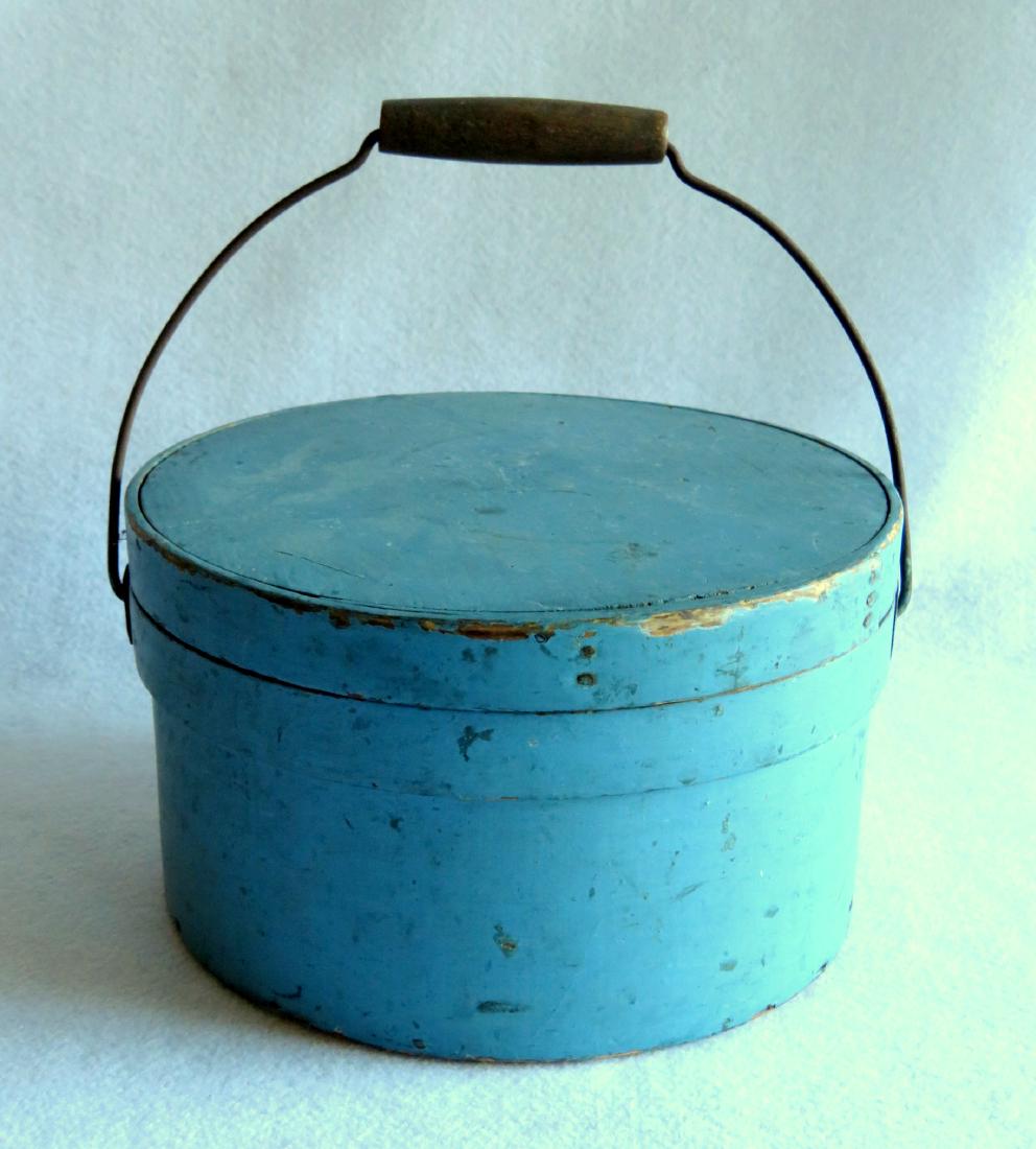 Pantry box in old blue paint with bale handle, mid 19th: Pantry box in old blue paint with bale handle, mid 19th century - marked in script under lid "Granulated Sugar". 10.25"D x 5.75"H. Some use wear to paint, but overall good condition.