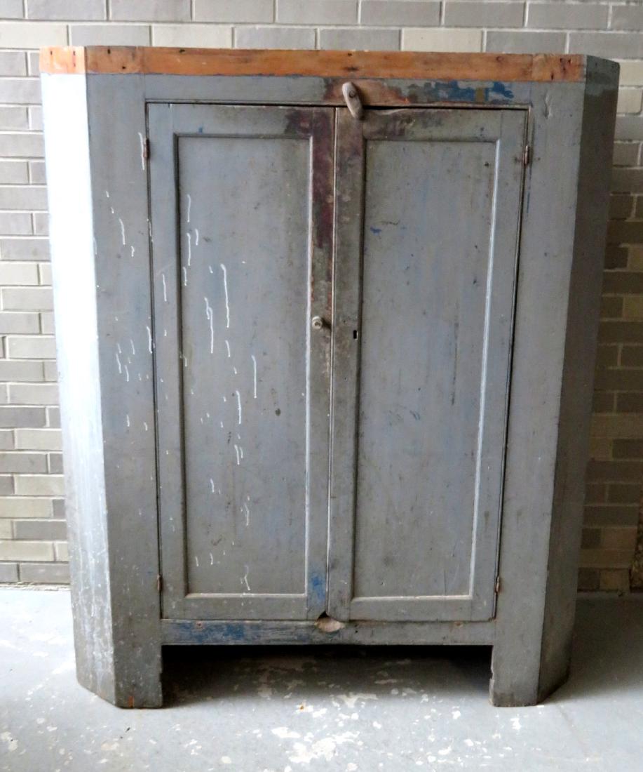 Primitive 2 door corner cupboard, old gray over blue.: Primitive 2 door corner cupboard, old gray over original blue - top half only, missing cornice, the cupboard has been cut down over 100 years ago, some newer screws added for reinforcement on reverse,