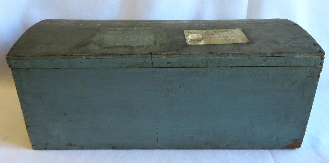 Dome top box in original robin's egg blue paint - old: Dome top box in original robin's egg blue paint - old paper label attached to top that reads "Mrs. E. H. Wheelor / 10 Winthrop St. / East Dedham Mass." - the interior of the box is lined with newspape