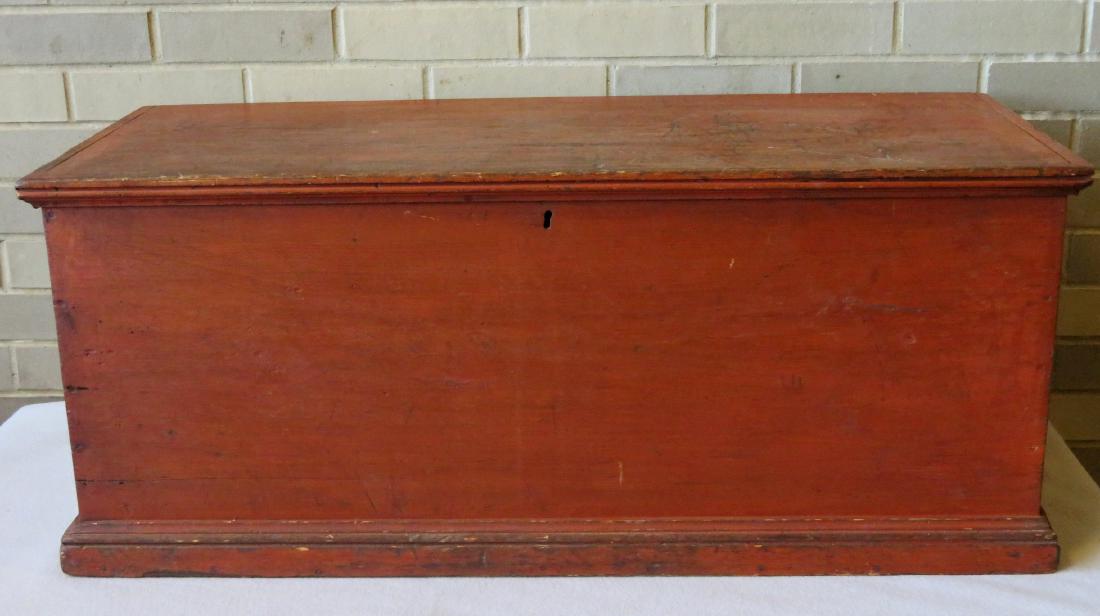 Small pine blanket box in original red stain and: Small pine blanket box in original red stain and detailed molding around base - some use wear to the top, but overall very good condition - circa 1850. Size 36.75"L x 15.5"D x 15"H.
