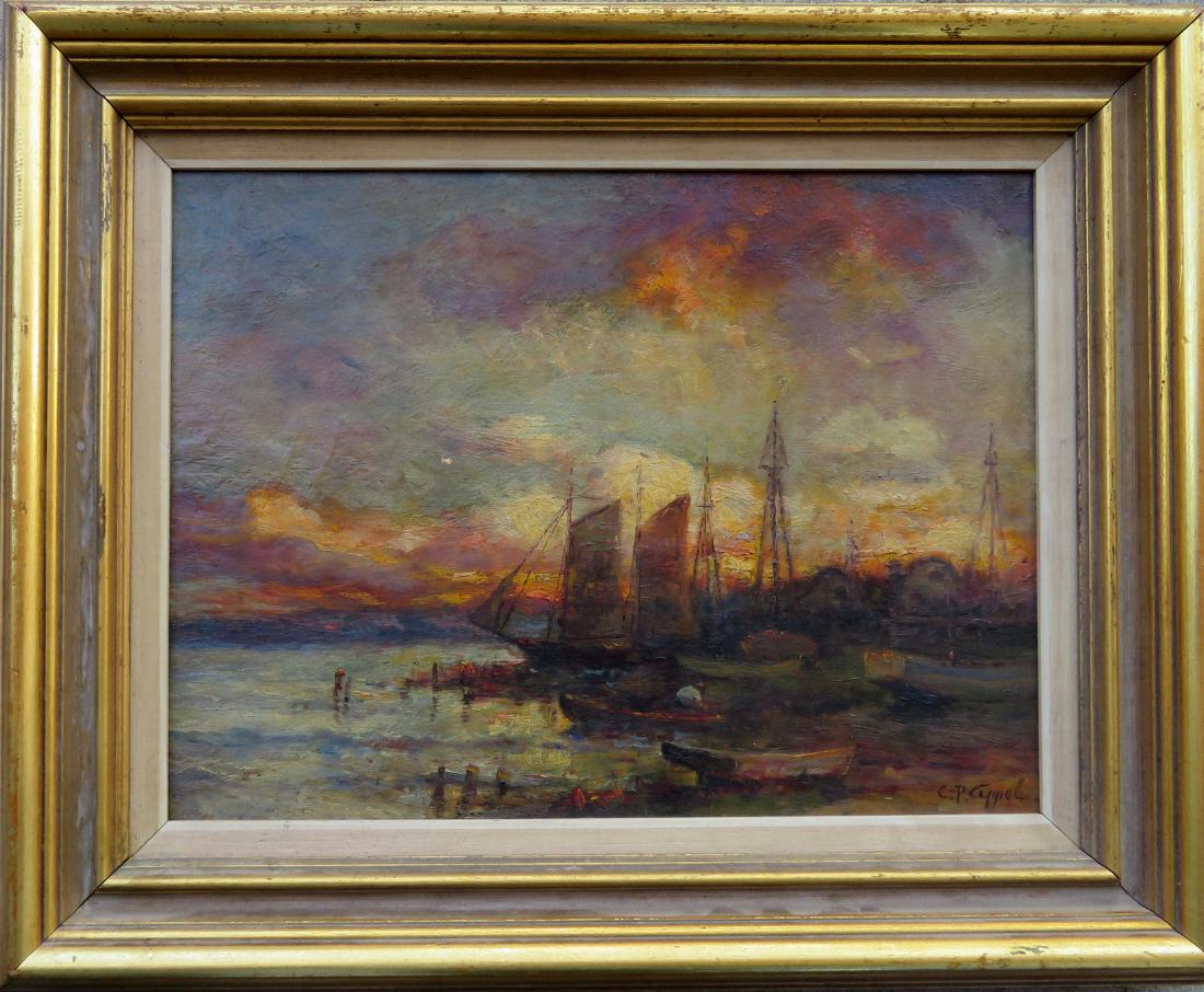 O/C Impressionist seascape with sailing and fishing: O/C Impressionist seascape with sailing and fishing vessels in harbor and billowing clouds in the background, signed C.P. Appel (Charles P. Appel, New Jersey 1857-1958). Size within frame 16" x 12.5".