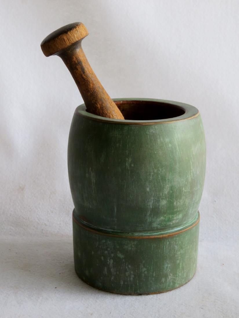 Maple wood mortar in old apple green paint - small: Maple wood mortar in old apple green paint - small tight expansion hairline in base, small use chip on interior of rim, otherwise very good condition. Late 18th to early 19th century. 8"H x 6"D. Sold 