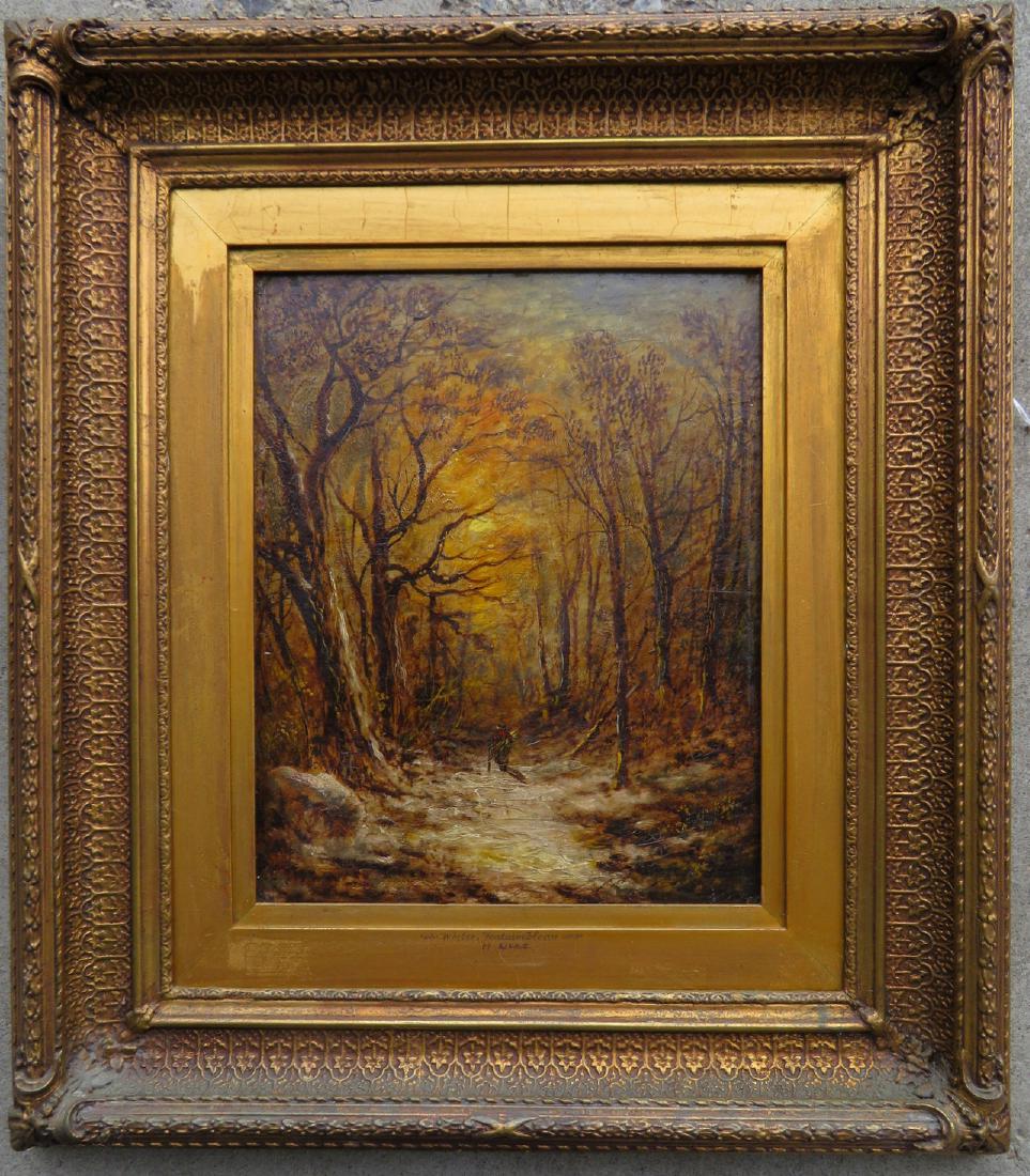 O/B Winter woods landscape scene with wood gatherer: O/B Winter woods landscape scene with wood gatherer walking towards sunset, entitled on frame "Winter Fountainbleu / by Diaz" - Mounted in original gilt gesso frame with gold inset. Mid 19th century -
