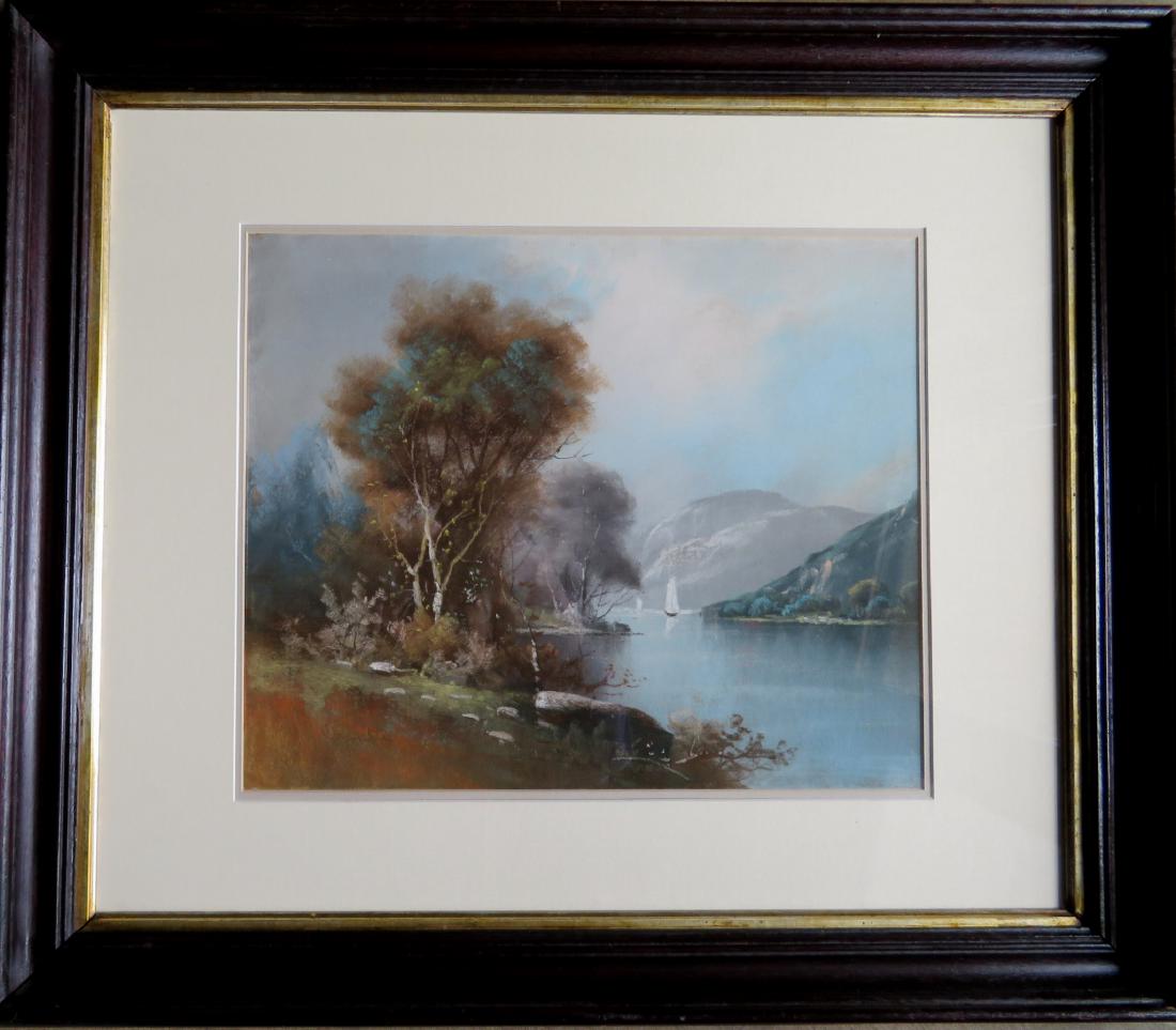 Pastel Hudson River landscape signed Chandler (William: Pastel Hudson River landscape signed Chandler (William Henry Chandler, NY/NJ 1854 - 1928) - Sigh size 16.4" x 14". Double matted in original black walnut frame with gold inset. Excellent condition, 19