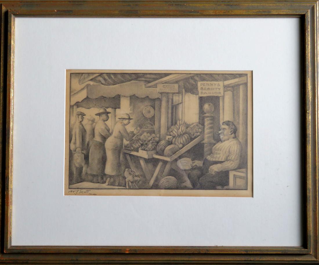 Graphite drawing of a market scene and various shops: Graphite drawing of a market scene and various shops including "Penny's Beauty Parlor" in the WPA style signed W.J. Scott (William J. Scott, CT, NJ 1870-1940) - Size within mat 8" x 12" - excellent co