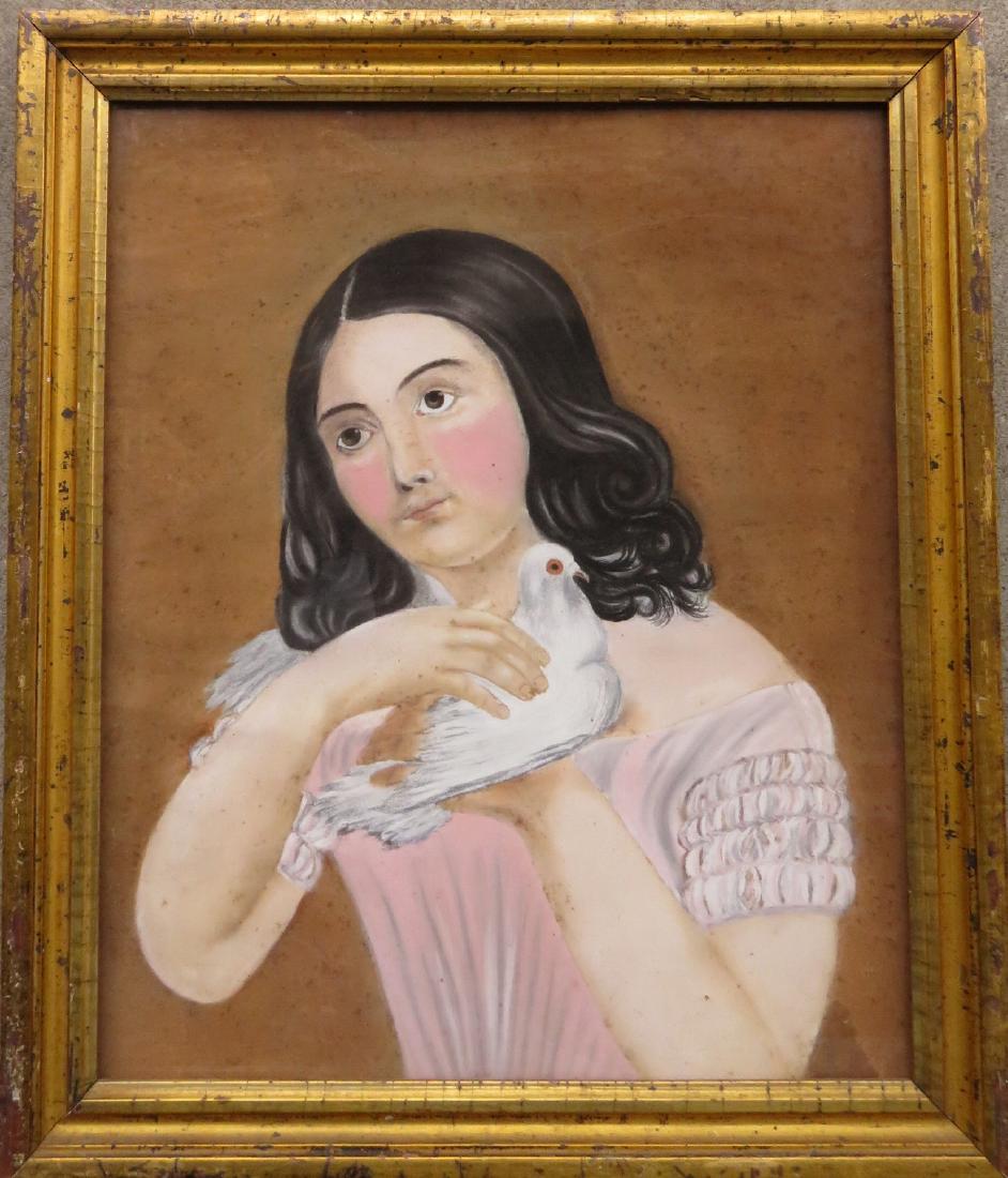 Primitive pastel portrait of a young girl holding a: Primitive pastel portrait of a young girl holding a dove in a period lemon gold frame - sight size 13.5" x 16.5". Mid 19th century. Some scattered foxing, otherwise good condition.