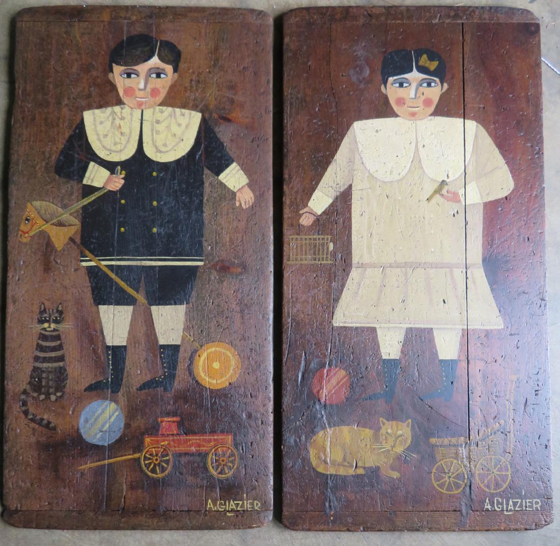 Two modern primitive portraits on 19th century wooden: Two modern primitive portraits on 19th century wooden bread boards, depicting a boy with cat and toys and a girl with a cat and bird in hand, both in the primitive style signed A. Glazier (Arthur Glaz