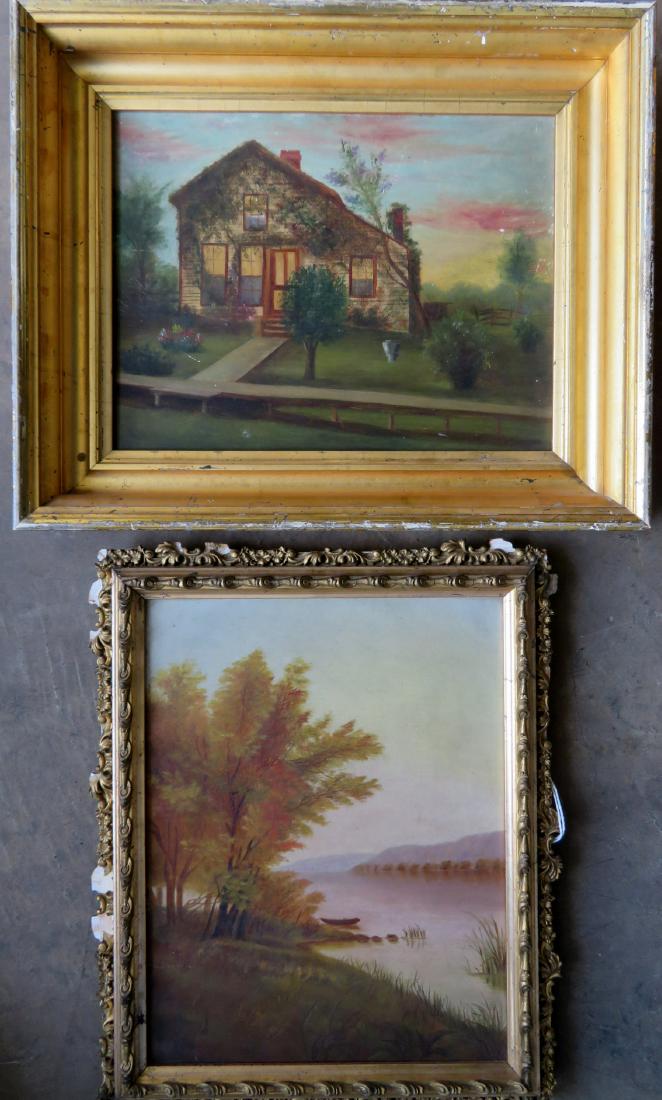 Two 19th century landscape paintings including portrait: Two 19th century landscape paintings including portrait of a house in a good lemon gold frame, and a scene of a lake with rowboat on shore. Both in good condition. Provenance: From the Susie Buhalis e