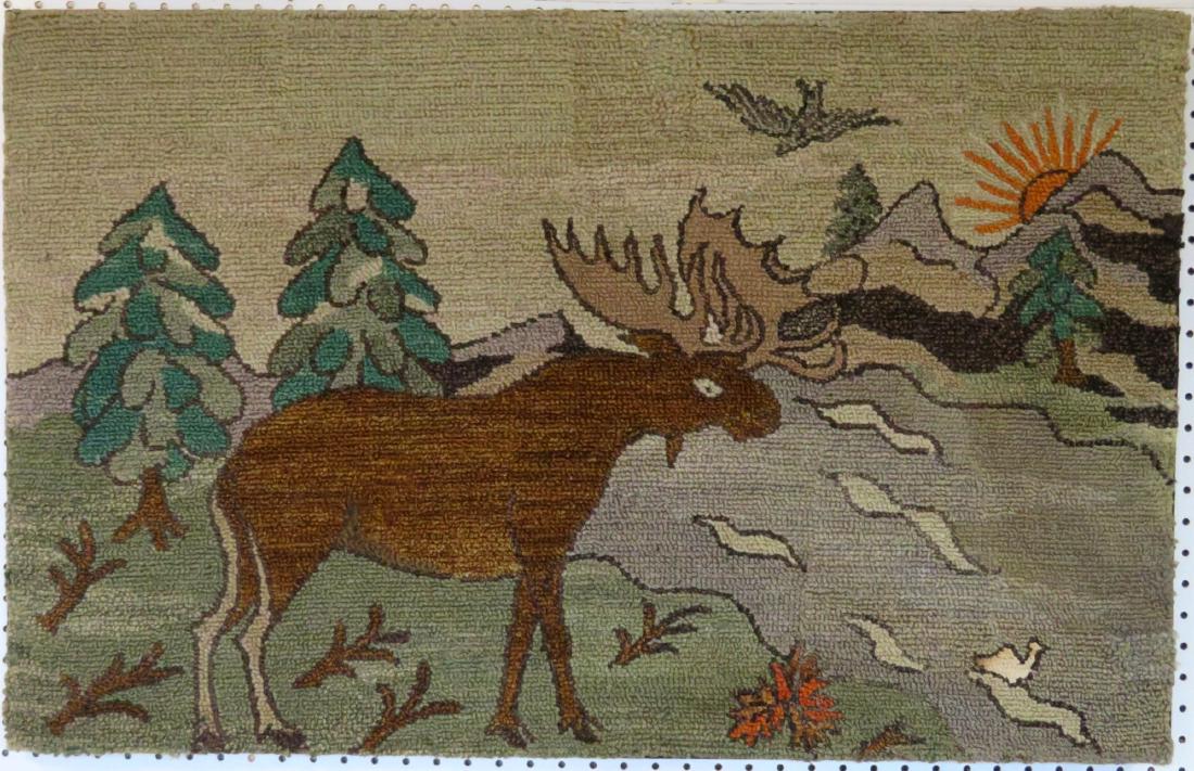 Hooked rug depicting a standing moose in hillside with: Hooked rug depicting a standing moose in hillside with mountains, sun and bird in background. Professionally mounted. 36" x 23". Excellent condition. Probably mid 20th century. Note - The condition re