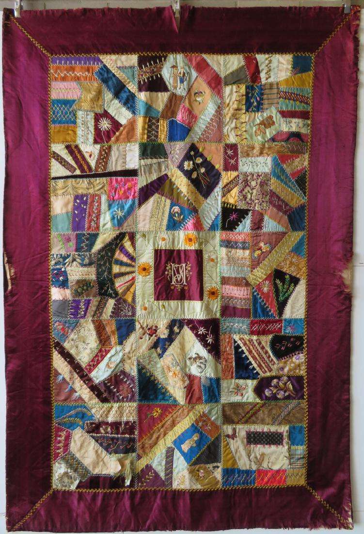 Crazy quilt with local provenance indicating this quilt: Crazy youth quilt with local provenance indicating this quilt was owned by Margaret Beers Monahan of Quaker Hill, Pawling NY - she reportedly was a descendant of the first U.S. Supreme Court Justice,