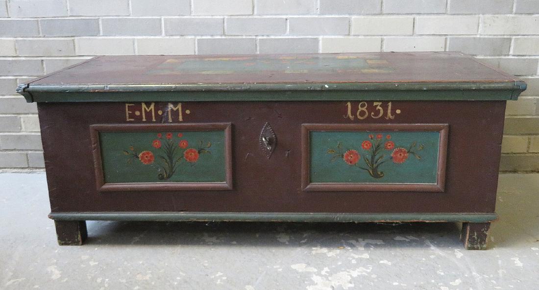 Early paint decorated dower chest, possibly: Early paint decorated dower chest, possibly Pennsylvania German - original maroon and green trim paint - 2 central panels across front decorated with red and yellow flowers that look like posies and i