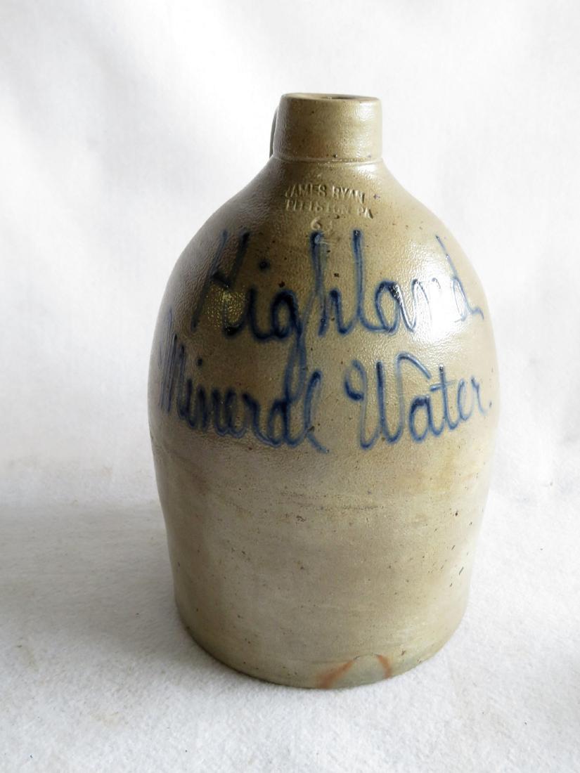 Two gallon stoneware jug written in script "Highland: Two gallon stoneware jug written in script "Highland Mineral Water" - stamped James Ryan / Pittston Pa. Very good condition.