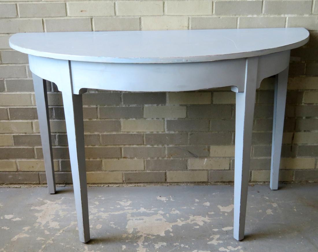 A Hepplewhite 2 part country dining room table that can: A Hepplewhite 2 part country dining room table that can be used as separate console tables (as they were used by consignor) - tapered legs and shaped apron. Newer gray paint, circa 1810. Each section