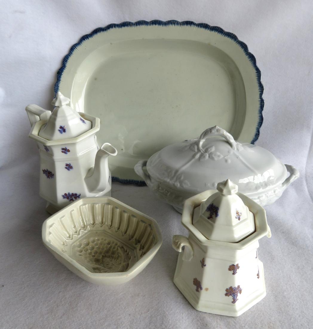 Grouping of 5 pieces of early porcelains including an: Grouping of 5 pieces of early porcelains including an ironstone compote decorated with embossed flowers with handles on each end -signed W. Baker & Co. - slight wear to the rim, otherwise excellent co