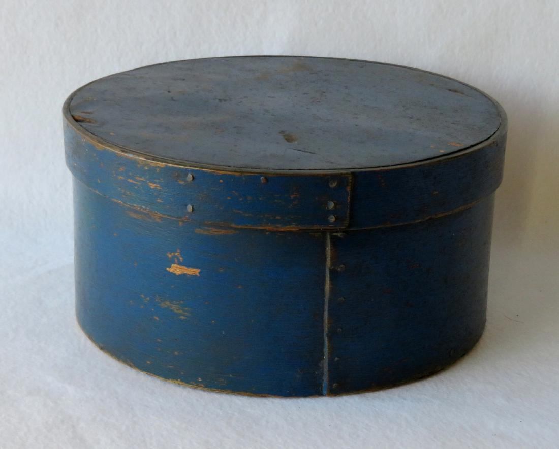 Pantry box in original blue paint, 19th century.: Pantry box in original blue paint, 19th century. 10.25"D x 5.25"H. Some use wear to top, but overall very good condition.