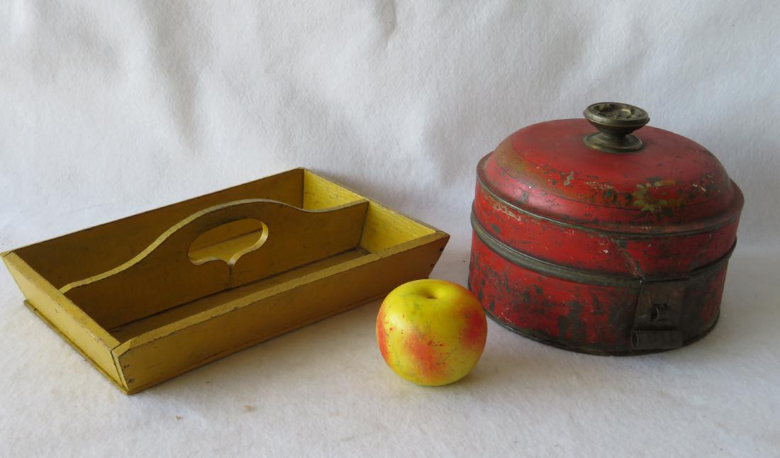 Two country items including a chrome yellow knife box -: Two country items including a chrome yellow knife box - 12"L - very good condition; and painted toleware tin round spice box with segmented interior with nutmeg grater, in original red paint decorated