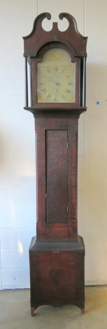 Hepplewhite tall case clock with tiger maple body,: Hepplewhite tall case clock with tiger maple body, mahogany molding, wooden works, hand painted face decorated with flowers fruit and bird on branch in original paint, and the center of the base decor