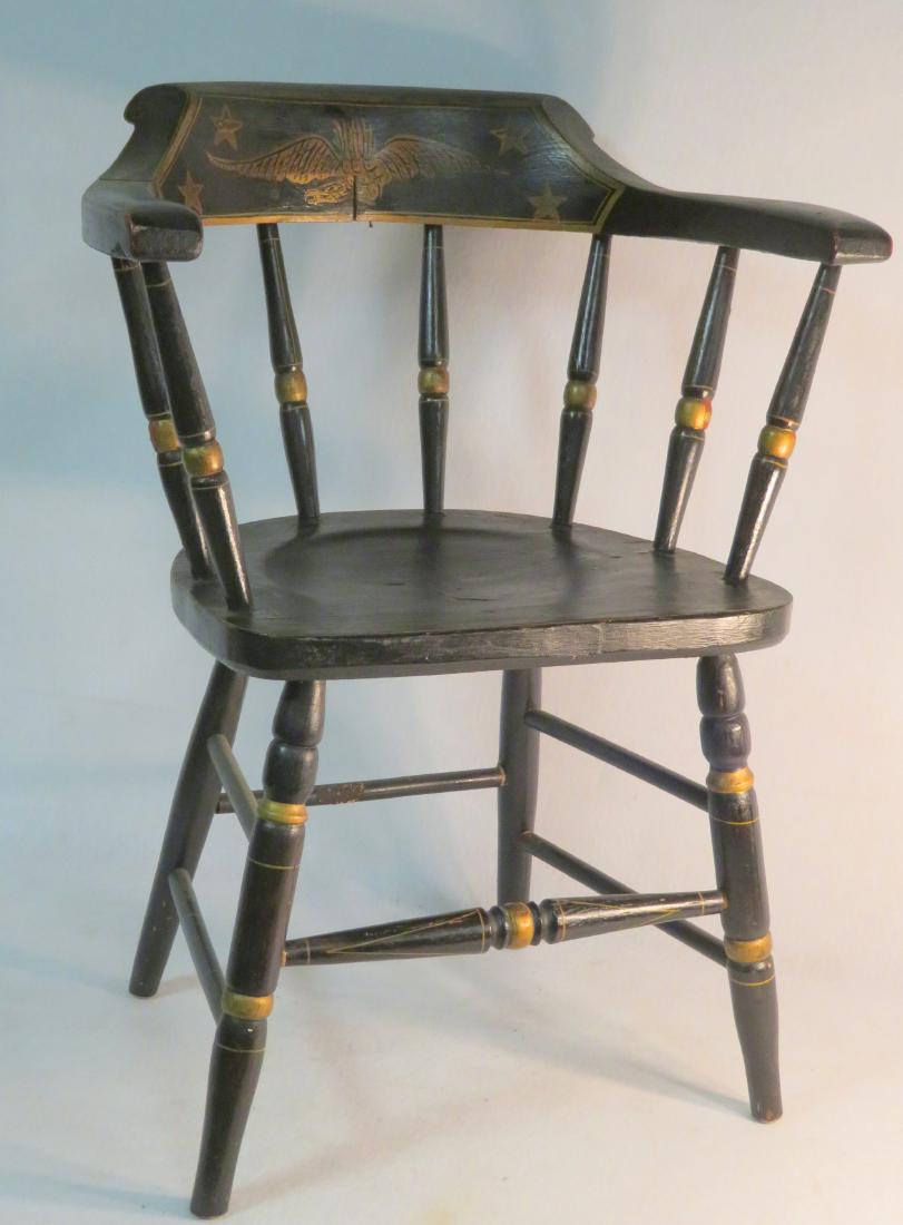 Stenciled firehouse Windsor style chair in original: Stenciled firehouse Windsor style chair in original paint with stenciled eagle and star decorations and various pin striping. Very good condition. Mid to late 19th century. Provenance: From a private