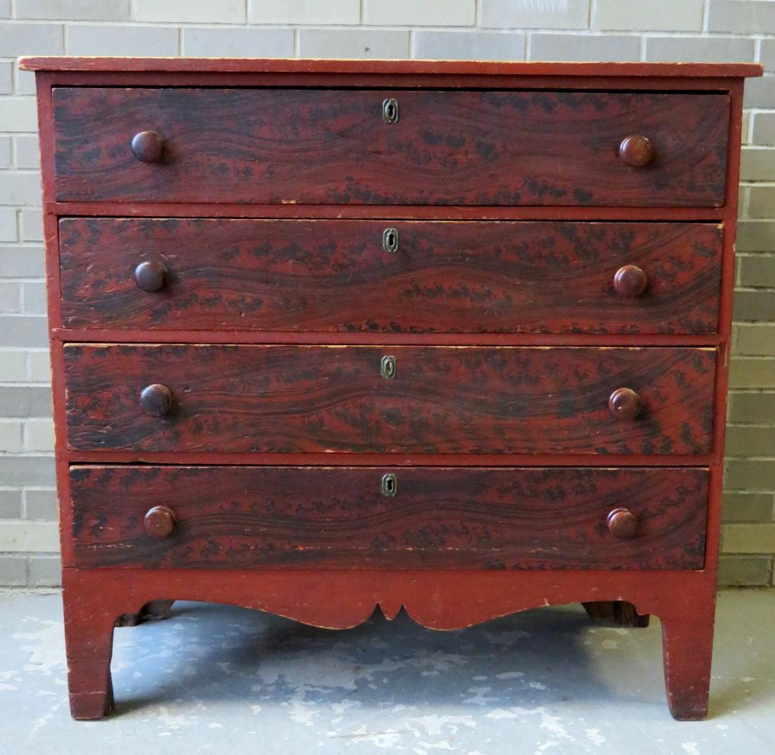 Hepplewhite grain painted chest of drawers, New: Hepplewhite grain painted chest of drawers, New England, in original paint having 4 drawers, all the same size -the drawer pulls are early replacements - very fine high cutout base. Minor surface impe