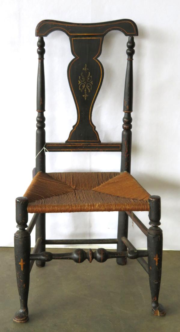 Queen Ann side chair with yellow pin striping and: Queen Ann side chair with yellow pin striping and stenciling over original black paint and having bulbous turnings on front cross stretcher and Dutch feet. Replaced seat, small section missing from ri