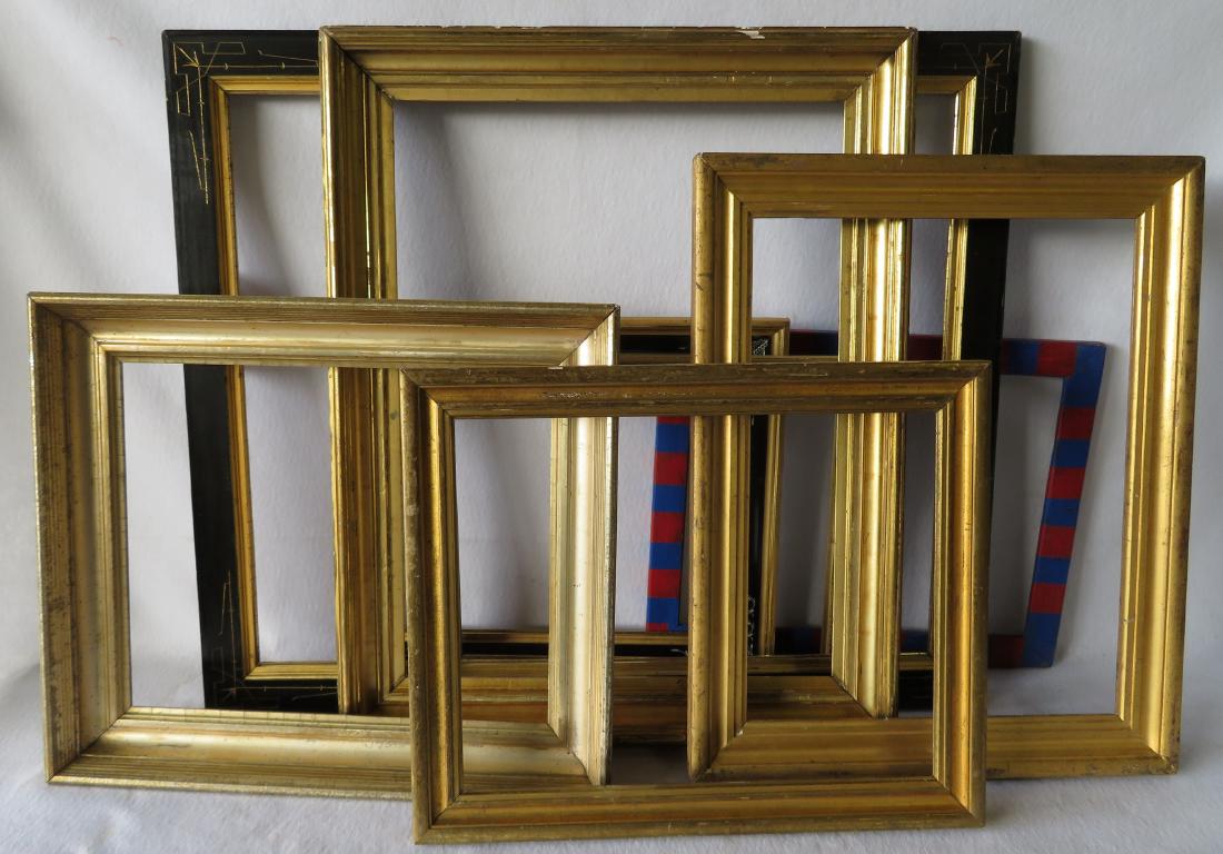 Grouping of 8 vintage frames including 4 lemon gold, 3: Grouping of 8 vintage frames including 4 lemon gold, 3 Victorian and 1 modern. All in good condition. Ranging in total size from 18" x 23" to 30.5" x 36.5".