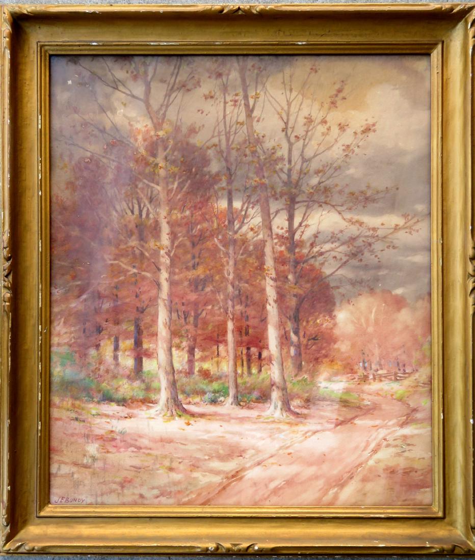 John Elwood Bundy - Indiana, NC, Ohio (1853-1933). W/C: John Elwood Bundy - Indiana, NC, Ohio (1853-1933). W/C & gouache fall landscape with trees and country road leading past an old wooden fence, signed J.E. Bundy. Early 20th century. Very good original