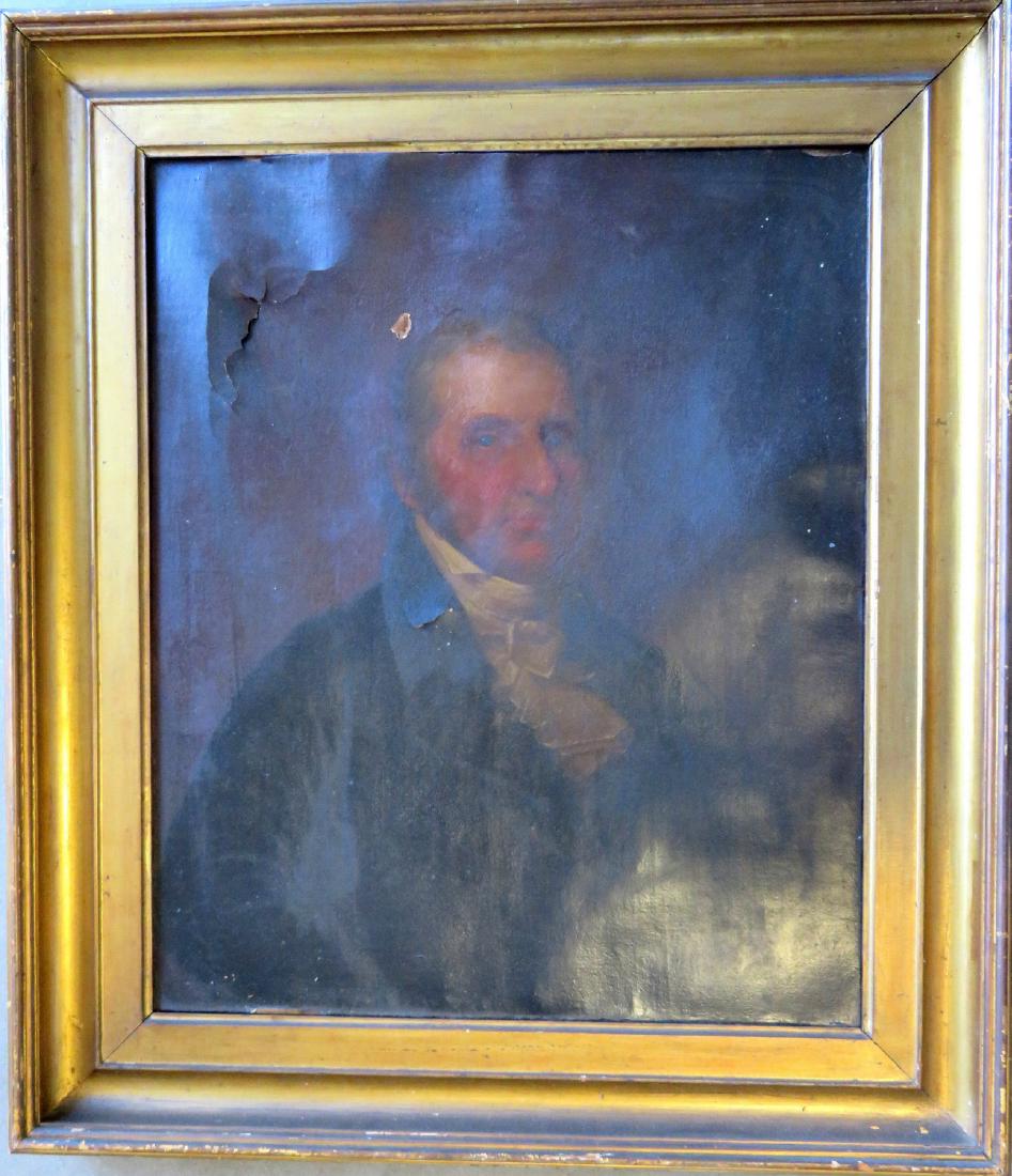 O/C Portrait of a gentleman in original lemon gold: O/C Portrait of a gentleman in original lemon gold frame, early 19th century - note the painting appears to be on paper which is laid on canvas. The painting needs cleaning and repair (tears & small h
