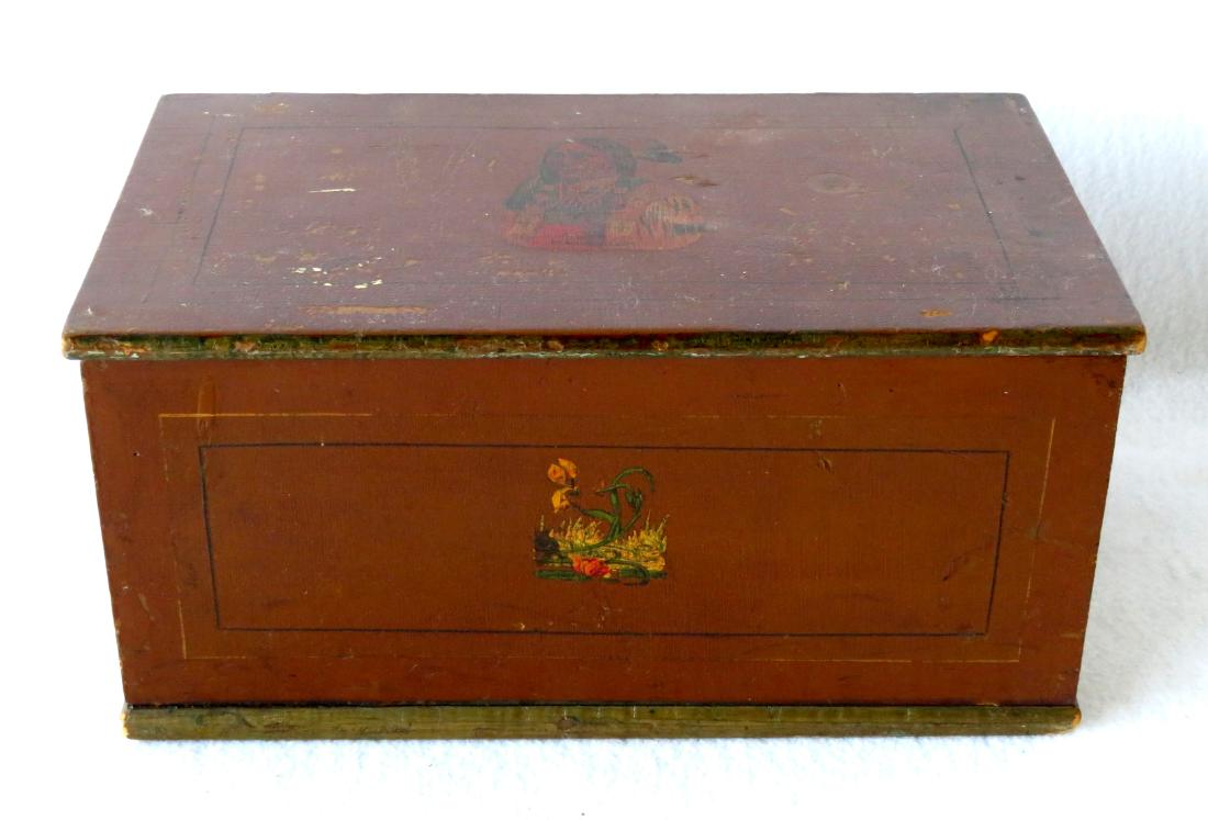 Small hand painted document box with portrait of Indian: Small hand painted document box with portrait of Indian on lid marked "Nomans Heart", painting of exotic birds on sides, front panel painted with flowers, reverse decorated with an American eagle hold