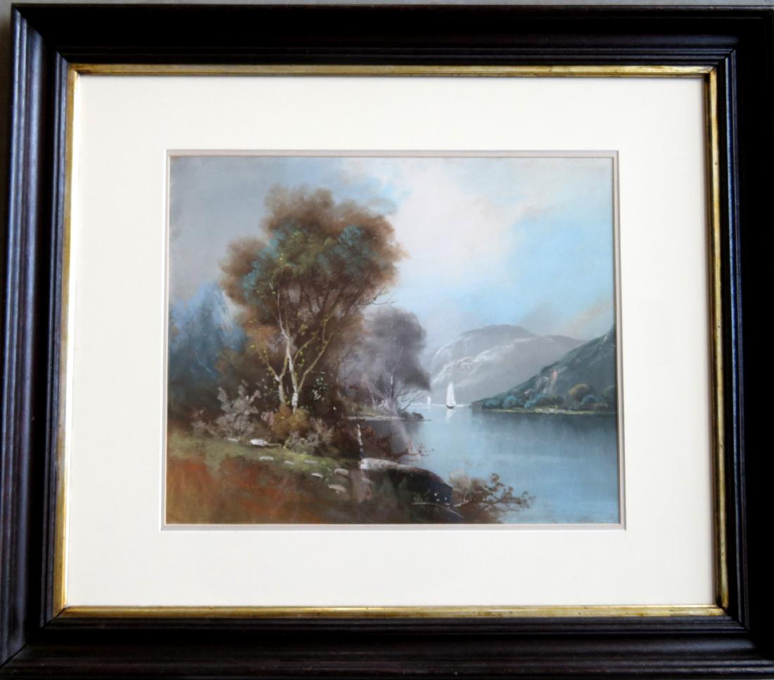 Pastel Hudson River landscape signed Chandler (William: Pastel Hudson River landscape signed Chandler (William Henry Chandler, NY/NJ 1854 - 1928) - Sight size 16.4" x 14". Double matted in original black walnut frame with gold inset. Excellent condition, 1