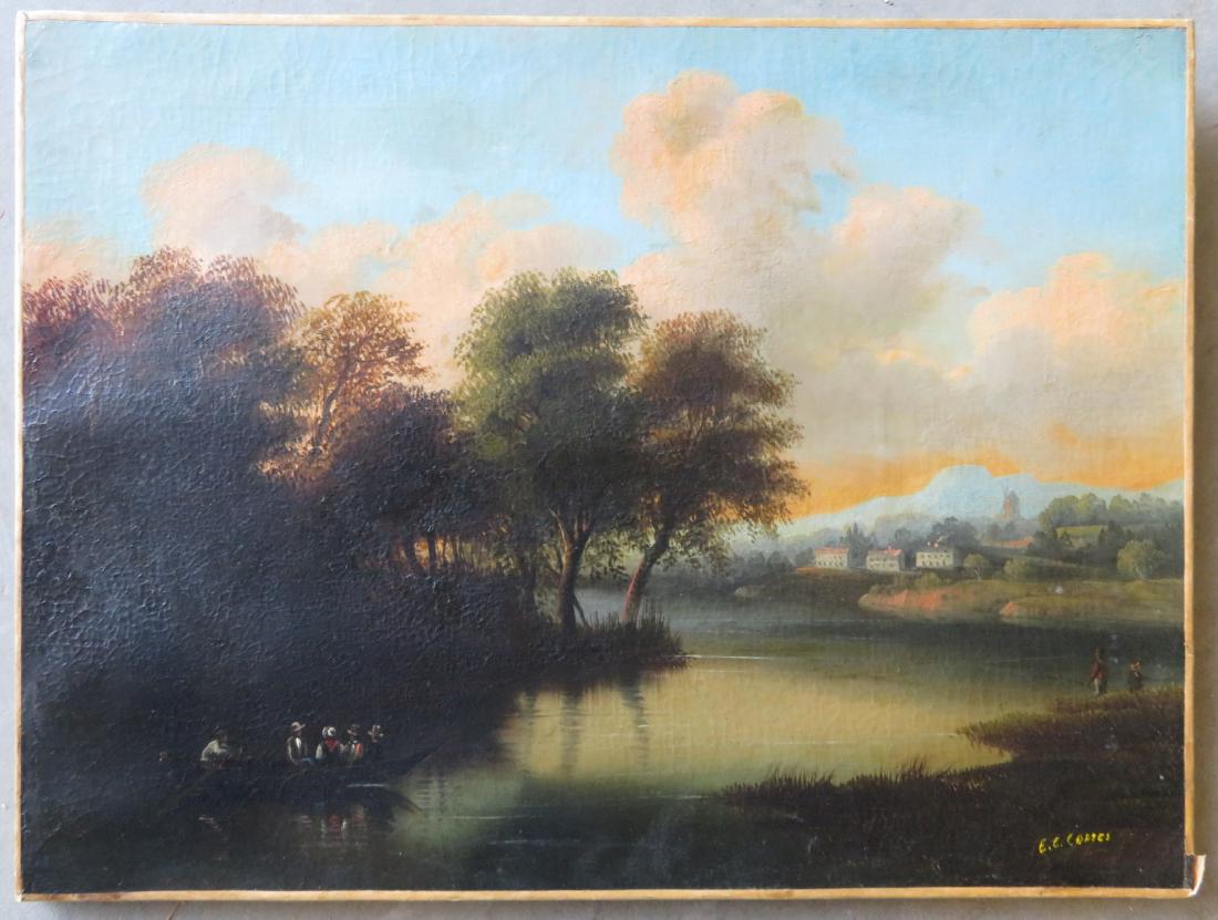 Edmund C. Coates NY/England 1816-1871 - High quality: Edmund C. Coates NY/England 1816-1871 - High quality O/C landscape depicting people in rowboat and fisherman on shore with town and building in background - billowing clouds in the sky - signed E. C.