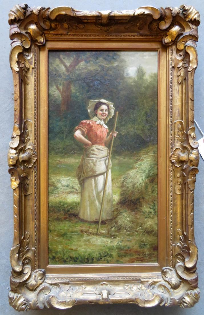 August Laux (NY, 1847-1921) O/C Portrait of a farm lady: August Laux (NY, 1847-1921) O/C Portrait of a farm lady holding rake signed A. Laux - very good original condition in original ornate gesso and gold leaf frame - stretcher size 11" x 21". 19th century