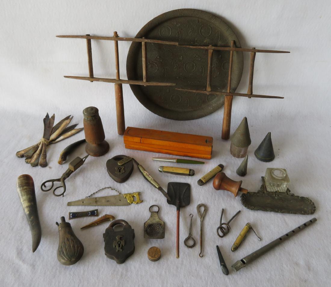 Large grouping of collectibles including 2 railroad: Large grouping of collectibles including 2 railroad locks (one with brass eagle - no keys), early glass bird feeder, puzzle pencil box, small copper powder flask, turned wooden condiment with tin lid 