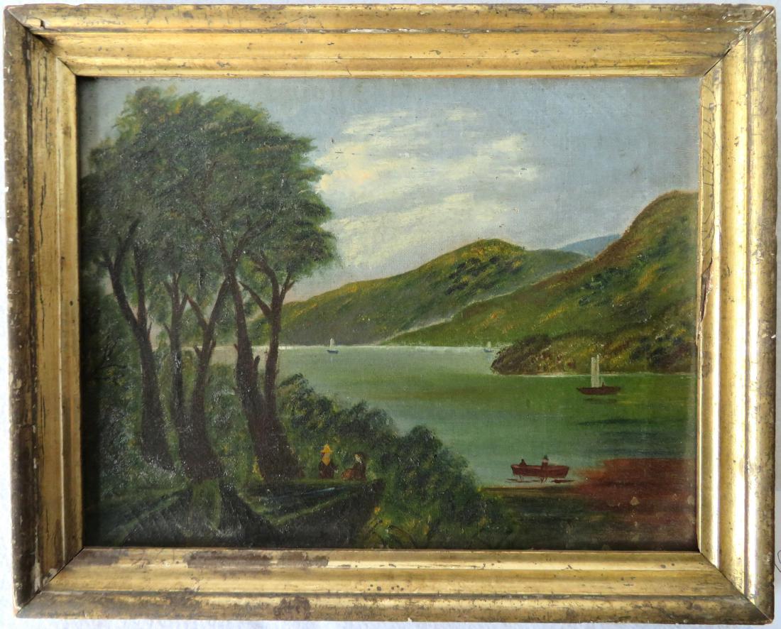 O/C Hudson Valley scene with sailboats and rowboat in: O/C Hudson Valley scene with sailboats and rowboat in river and figures standing under tree. Circa 1880. Stretcher size 13" x 10". The painting in very good original condition and the original lemon g