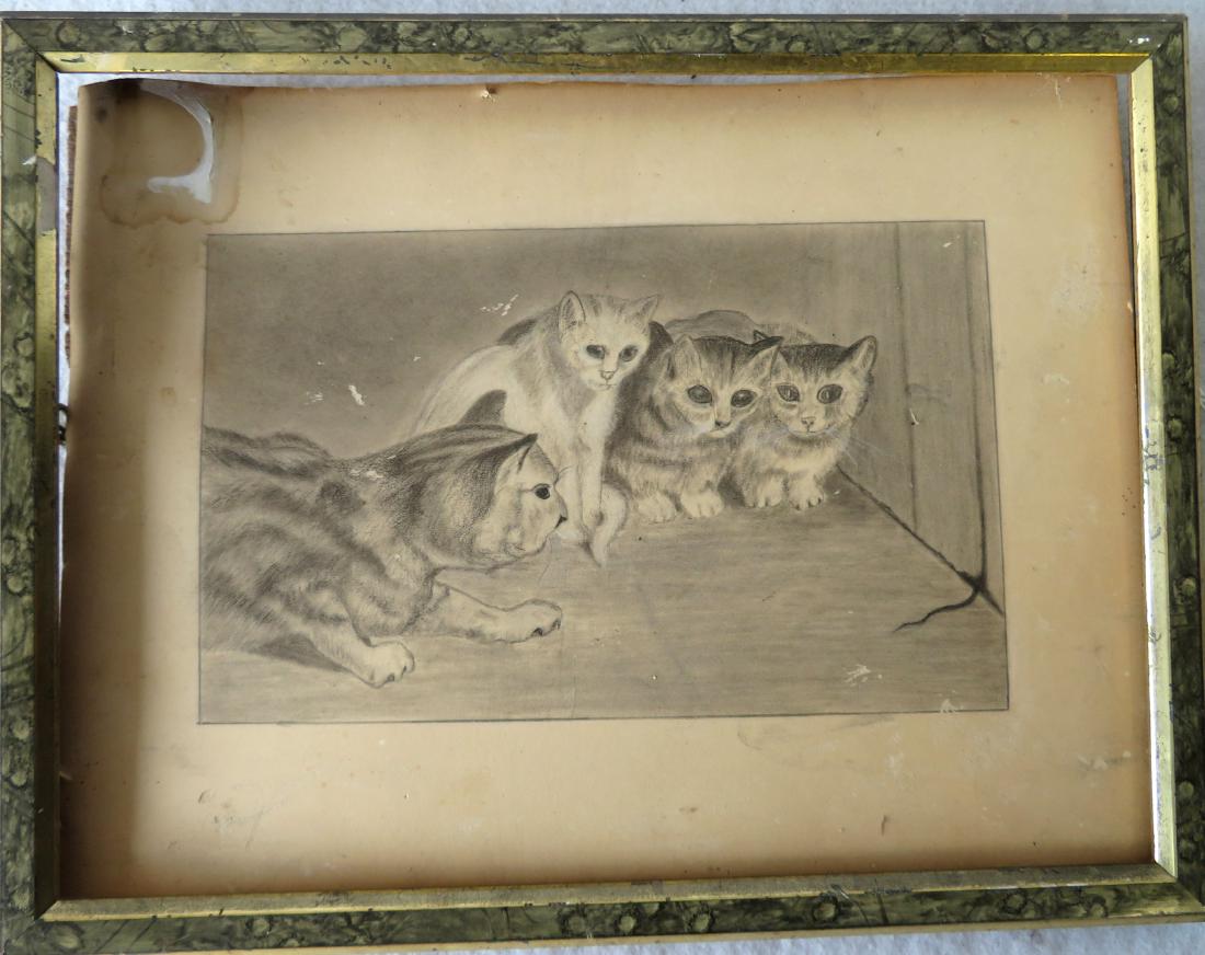 Whimsical graphite drawing of 4 cats watching a mouse's: Whimsical graphite drawing of 4 cats watching a mouse's tail hanging through the base of wall - original grain painted frame circa 1880. Sight size 9" x 12". Provenance: From the locally historic Abra