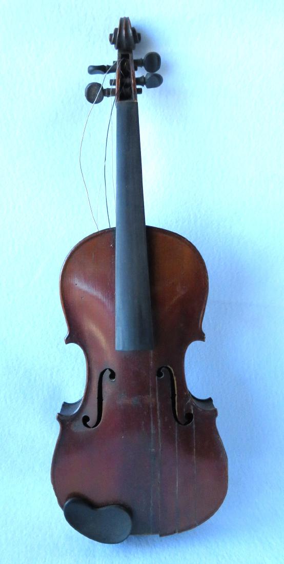 Violin with strong tiger maple on neck and back.: Violin with strong tiger maple on neck and back. Stradivarius paper label on interior and stamped "Conservatory Violin" on neck. Unsigned bow and original case. Three hairline cracks on front, else go