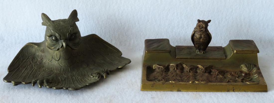 Two figural brass owl form inkwells including: Owl with: Two figural brass owl form inkwells including: Owl with spread wings, single well, 9 1/2"W x 6"D x 3 7/8"H - marked 4536 on base - very good patinated condition; and a the other with 3 wells, the cent