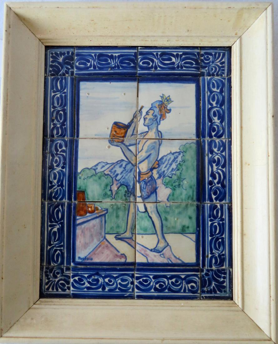 Framed tile picture depicting a South American Indian: Framed tile picture depicting a South American Indian with mortar and pestle signed Ruglaio - made up of 20 tiles - early to mid 20th century - overall size of frame 20.25" x 16.25". Newer white paint