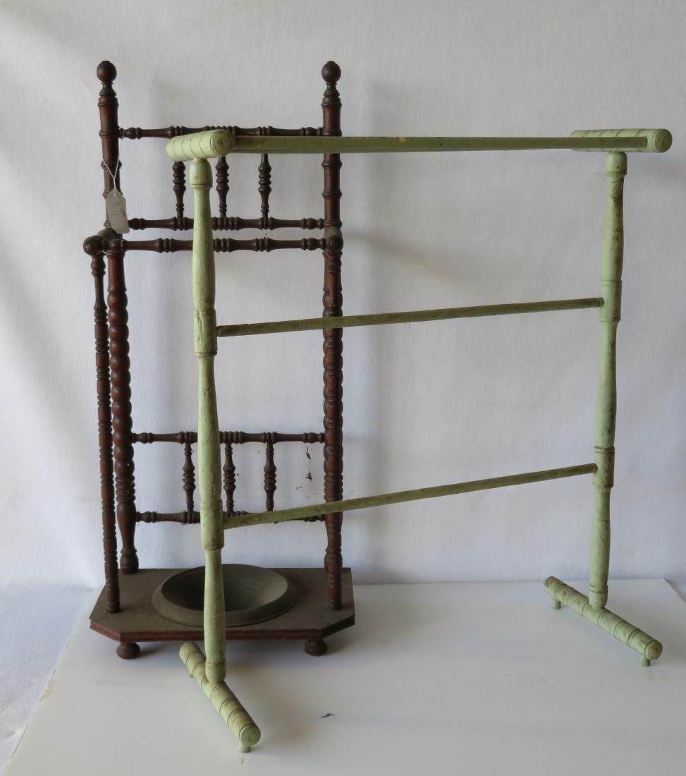 Two small pieces of country accessories including a: Two small pieces of country accessories including a wooden umbrella stand with turned posts and original removable circular copper basin - late 19th century - 15"W x 9"D x 34.75"H - good condition; an
