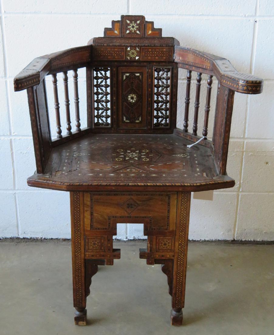 Middle-Eastern Syrian side chair with barrel shaped: Middle-Eastern Syrian side chair with barrel shaped spindle back, very fine extensive parquetry and mother of pearl inlay throughout, including star in center of seat. Late 19th century. Some inlay lo