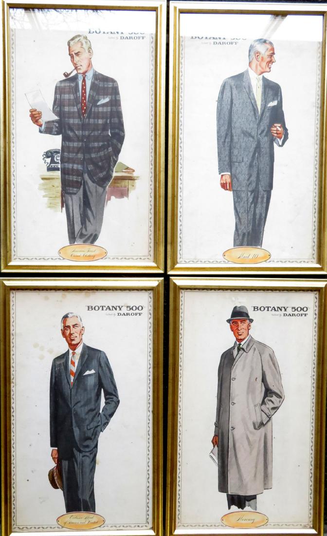 Four framed Botany "500" men's clothing ads: Four framed Botany "500" men's clothing standup advertising prints, circa 1950-60. All framed, some light staining, overall good condition. Total size each 25.75" x 15.75".