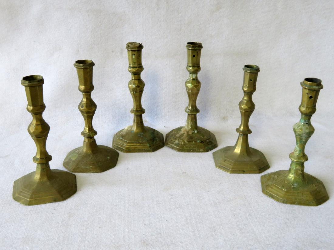 Six French brass candlesticks having octagonal stepped (1 of 7)