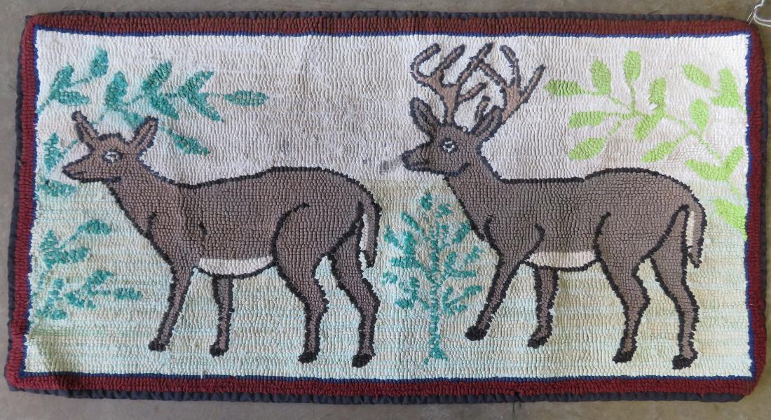 Hooked rug of 2 standing deer including a stag and doe, (1 of 3)