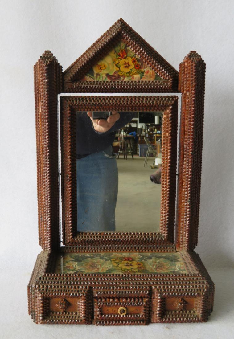 Tramp Art dressing mirror with lower drawer - 19th (1 of 4)