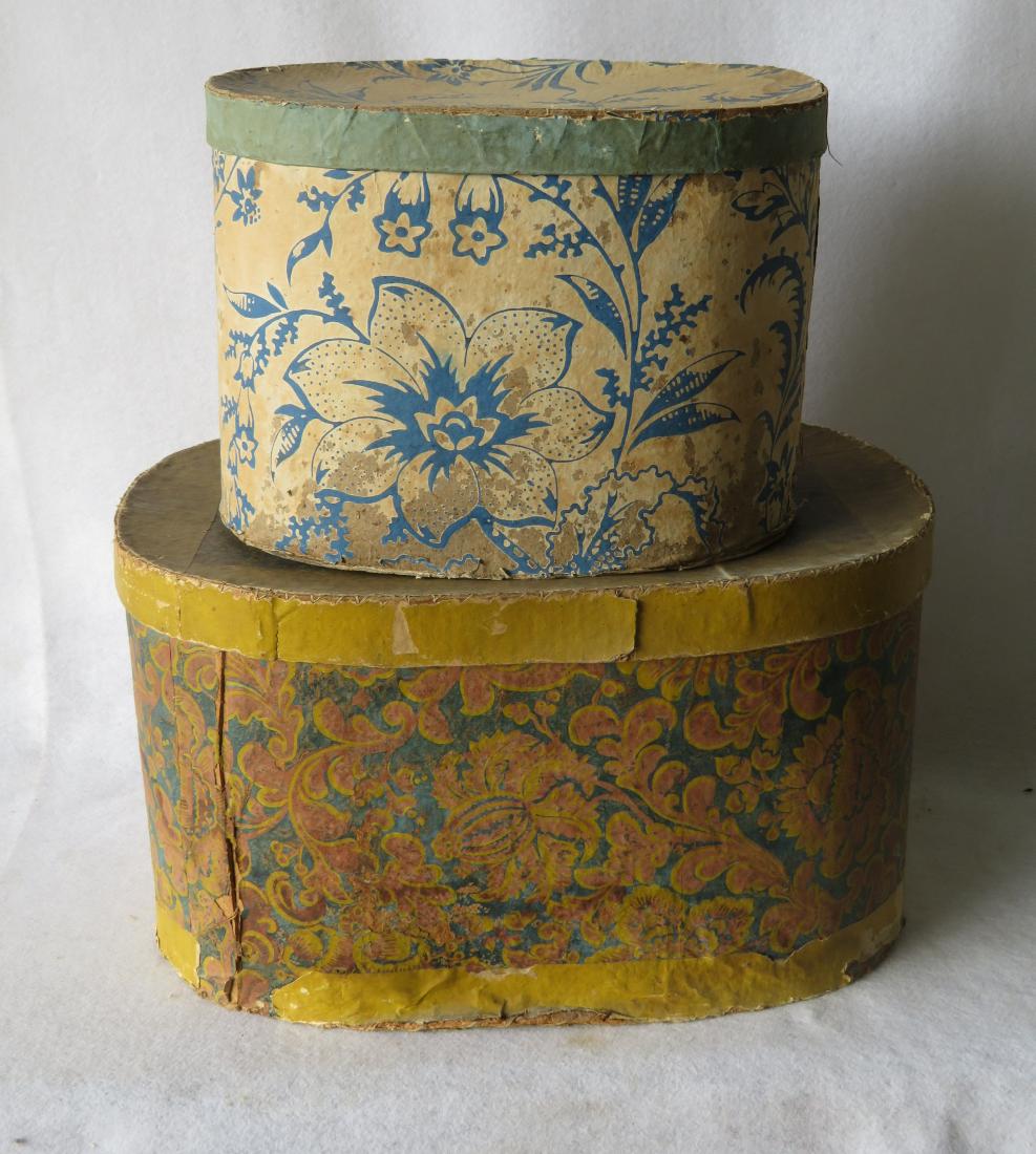Two colorful 19th century wall paper band boxes (1 of 5)