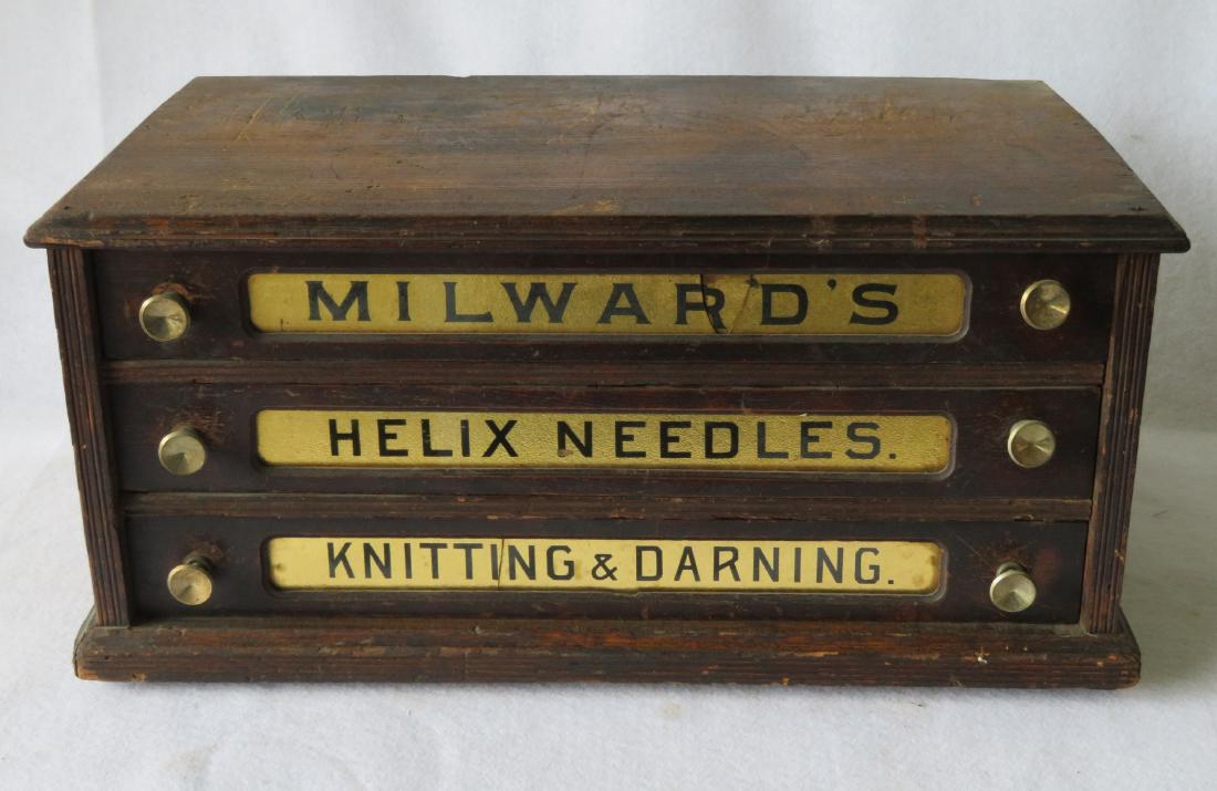 Three drawer oak spool cabinet marked on drawers (1 of 5)