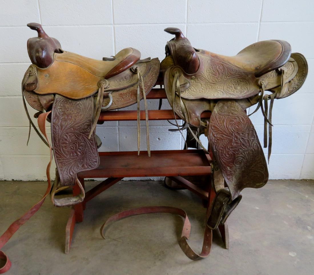 Two tooled leather western saddles with girths - both (1 of 10)