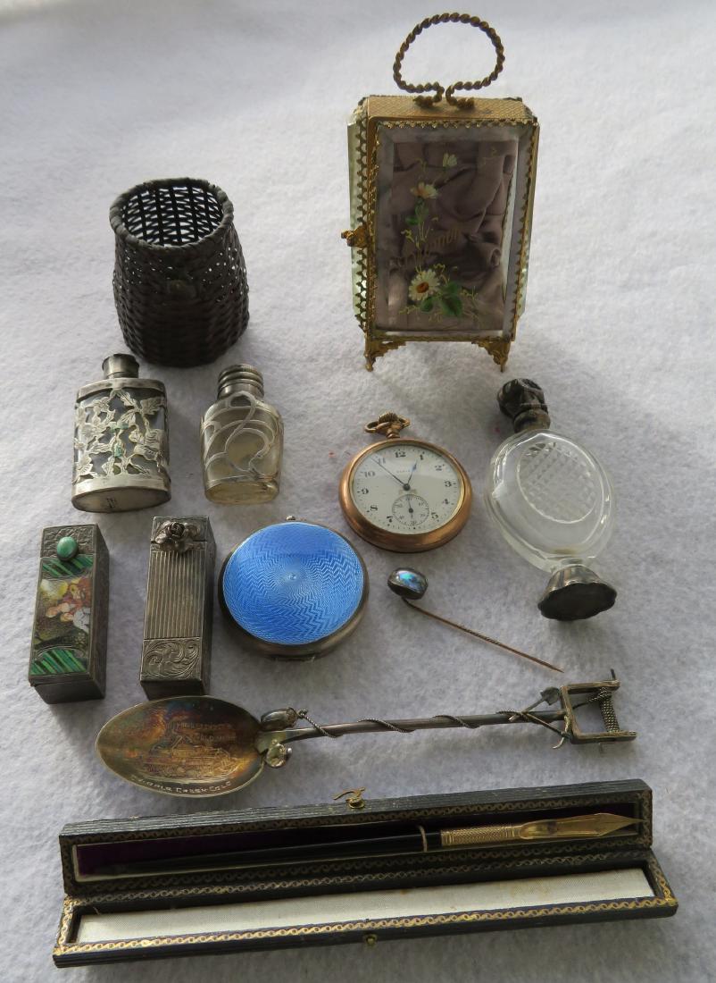 Grouping of decorative objects including an ornate: Grouping of decorative objects including an ornate beveled glass jewelry casket with interior pocket watch hook - the door is hand painted with flowers and signed "Bremen" - very good condition, an El